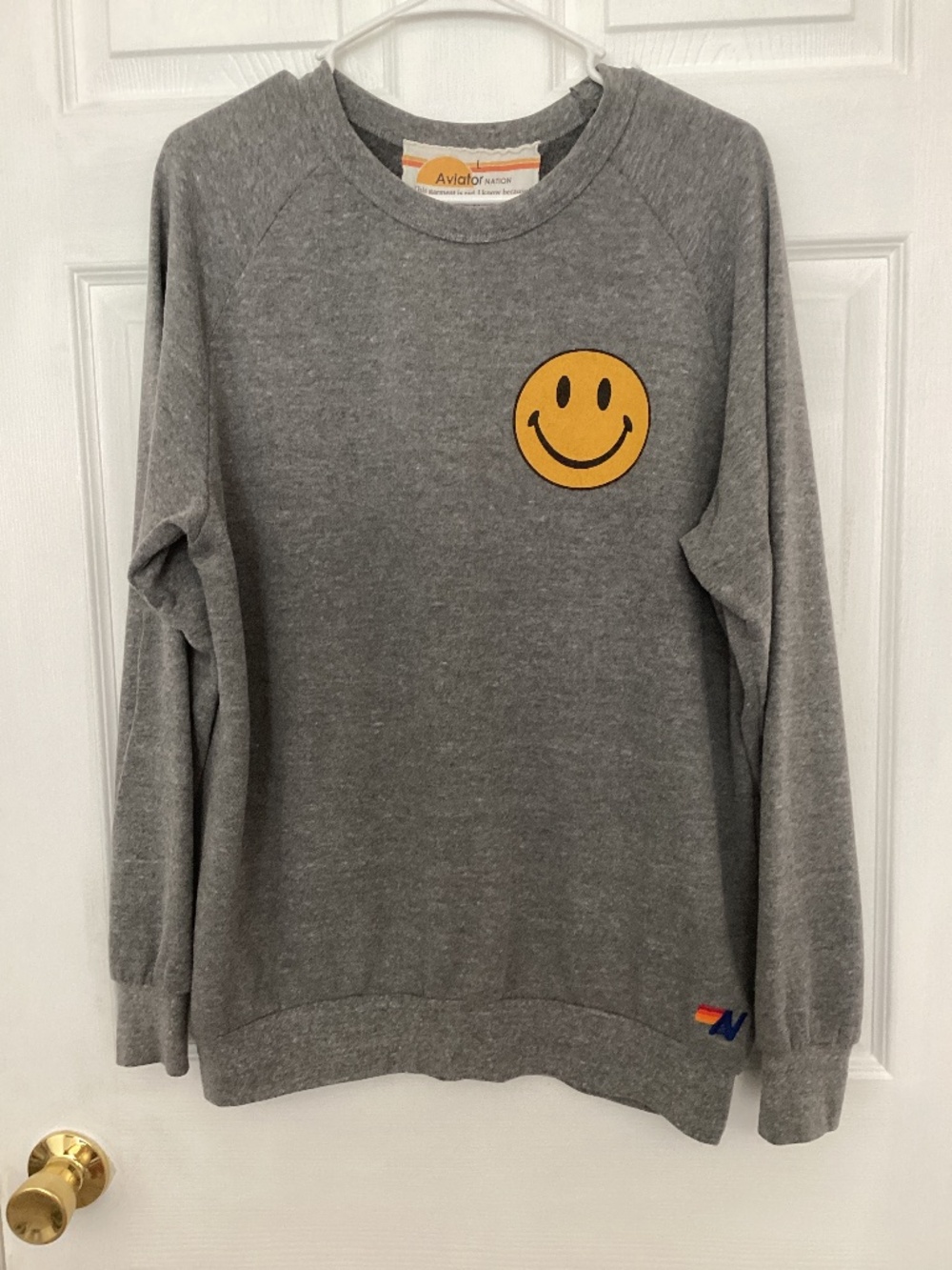 Aviator Nation Smiley Face Crewneck Heather Gray Size L Excellent Condition